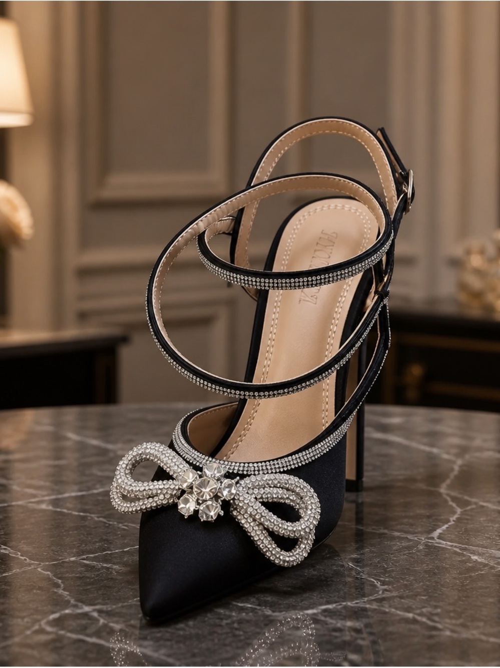Elegant Black Crystal Bow Strappy High Heel Pumps